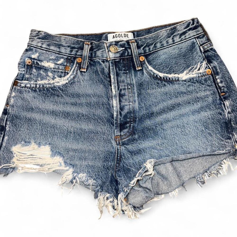 Agolde blue denim distressed mini shorts frayed hem